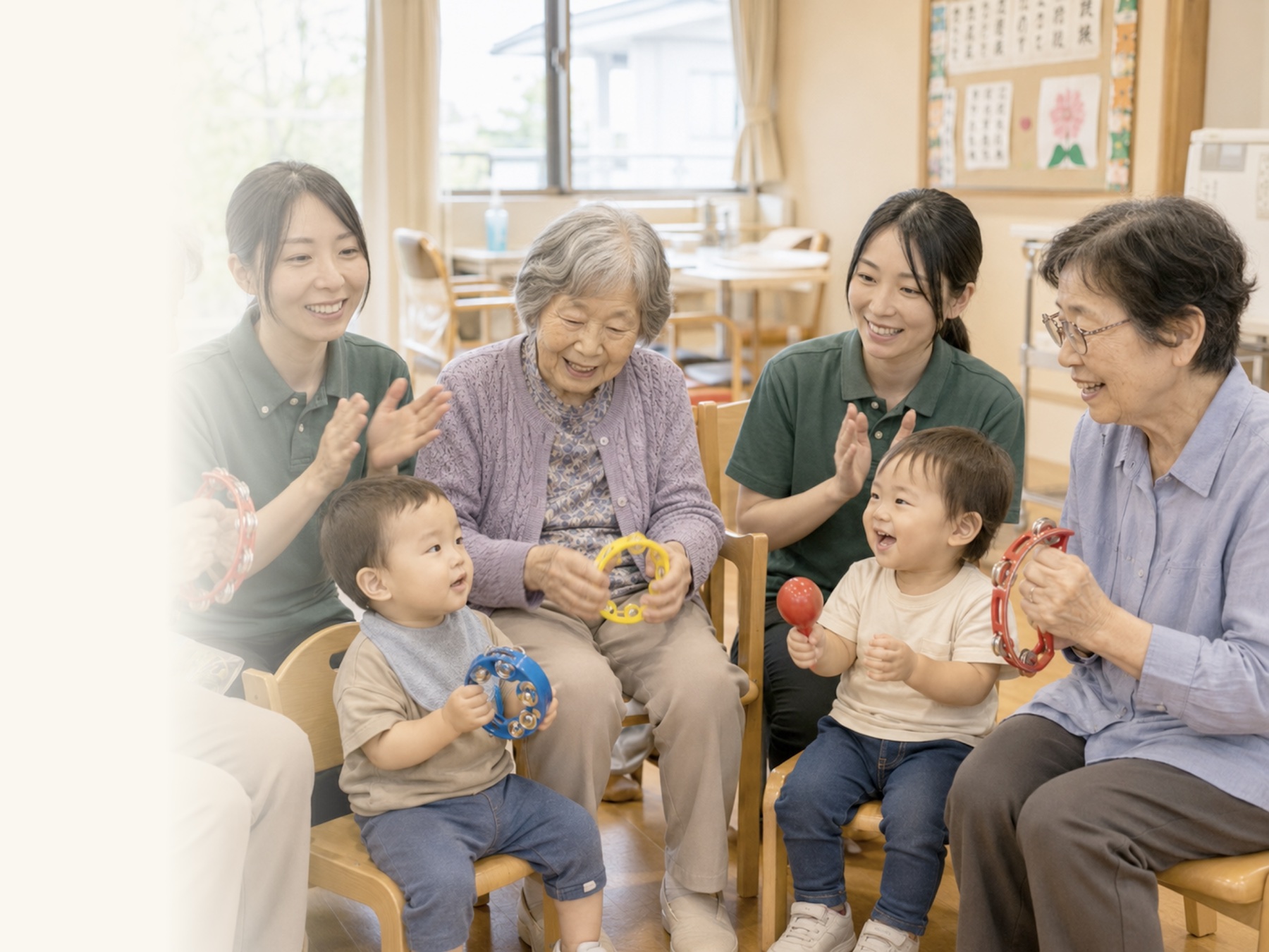 タンバリンを使った音楽レクリエーションを、保育園の子どもたちと一緒に楽しむ利用者とスタッフ