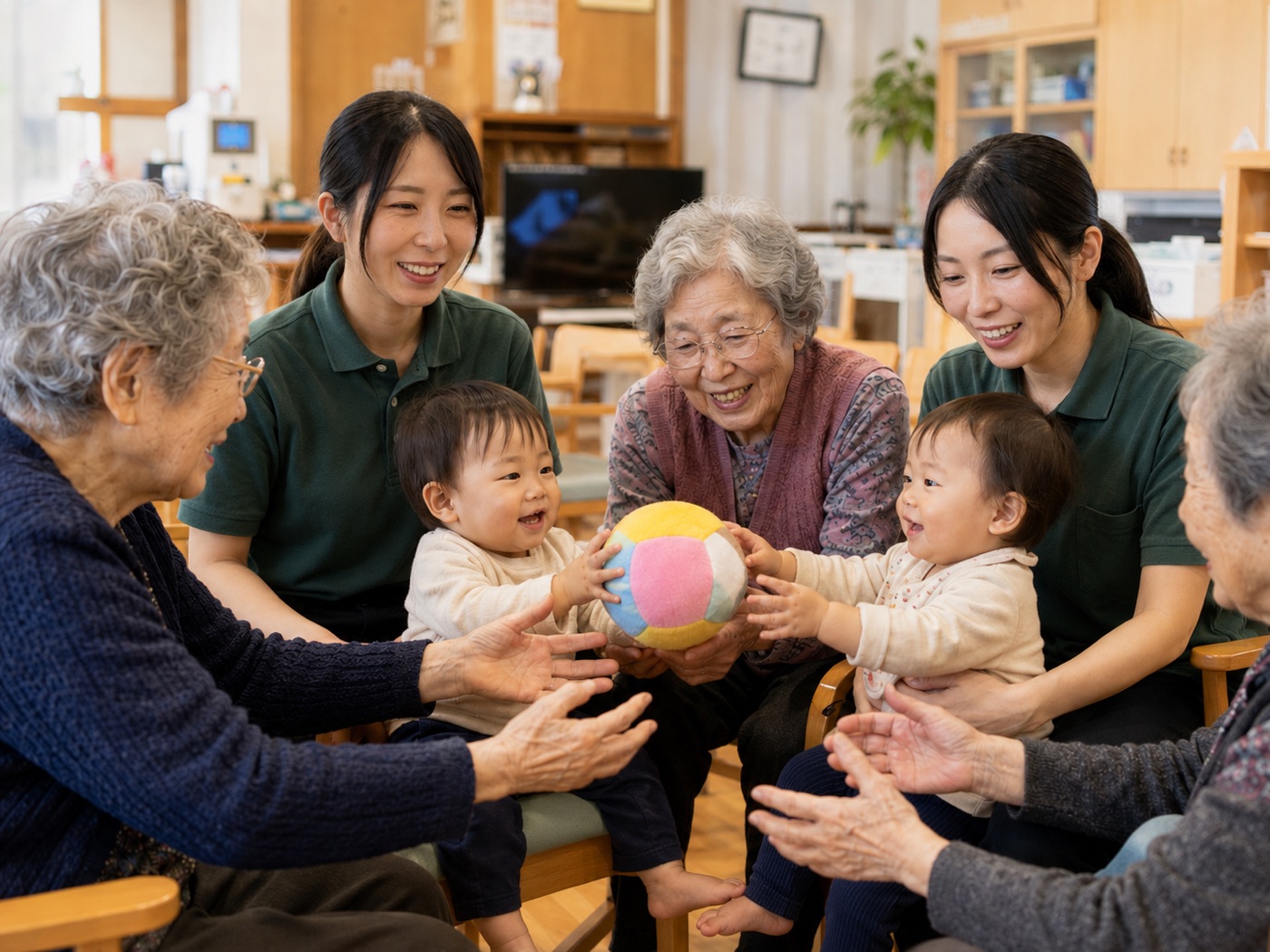 保育園の子どもと利用者がボールを手渡しして笑い合う様子