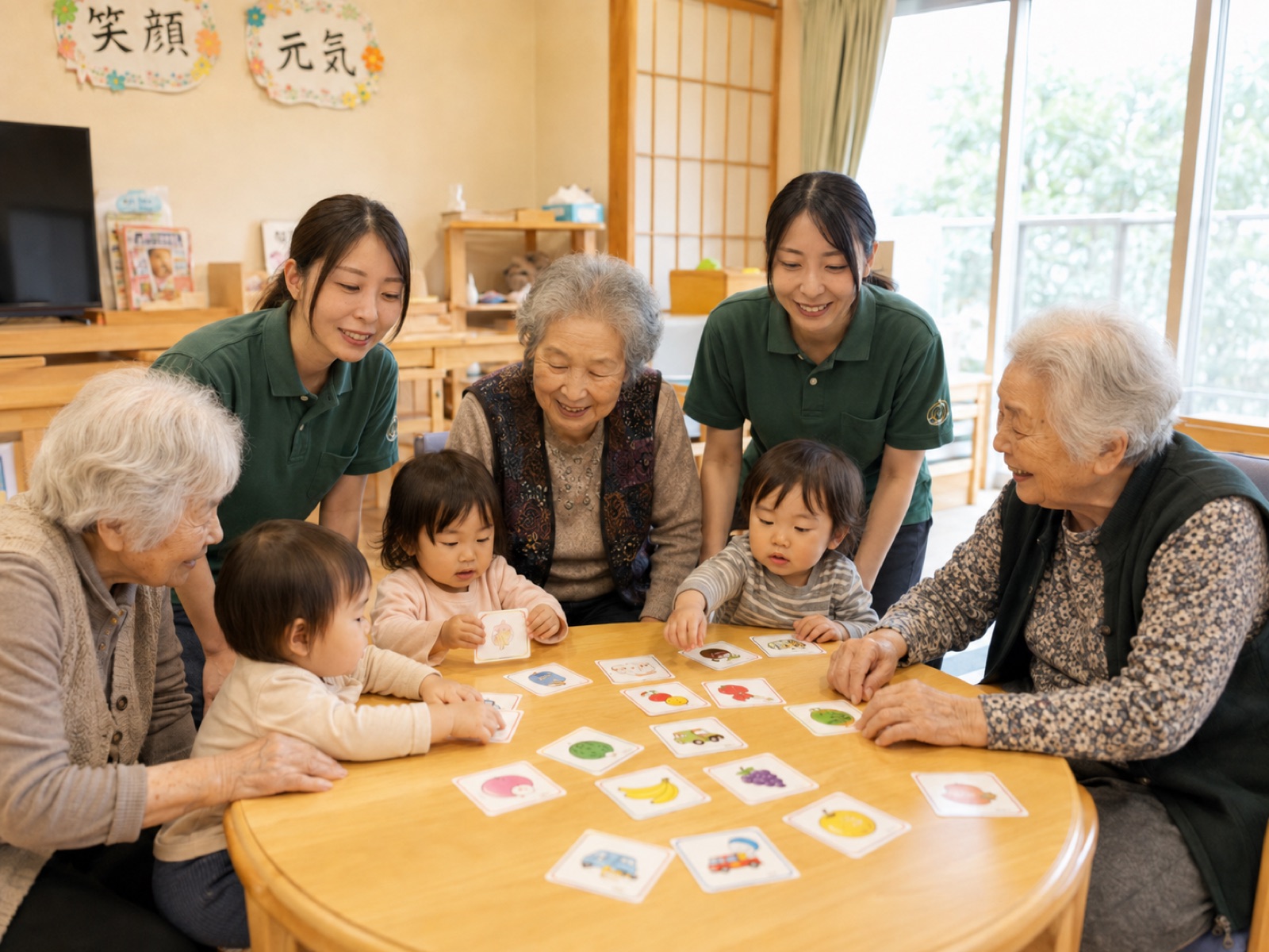 保育園の子どもたちと利用者、スタッフが一緒にカード遊びを楽しむ様子