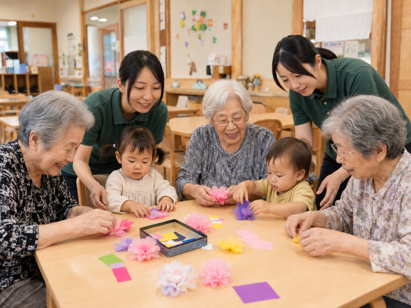 保育園の子どもたちと利用者、スタッフが輪になって音楽レクリエーションを楽しむ様子