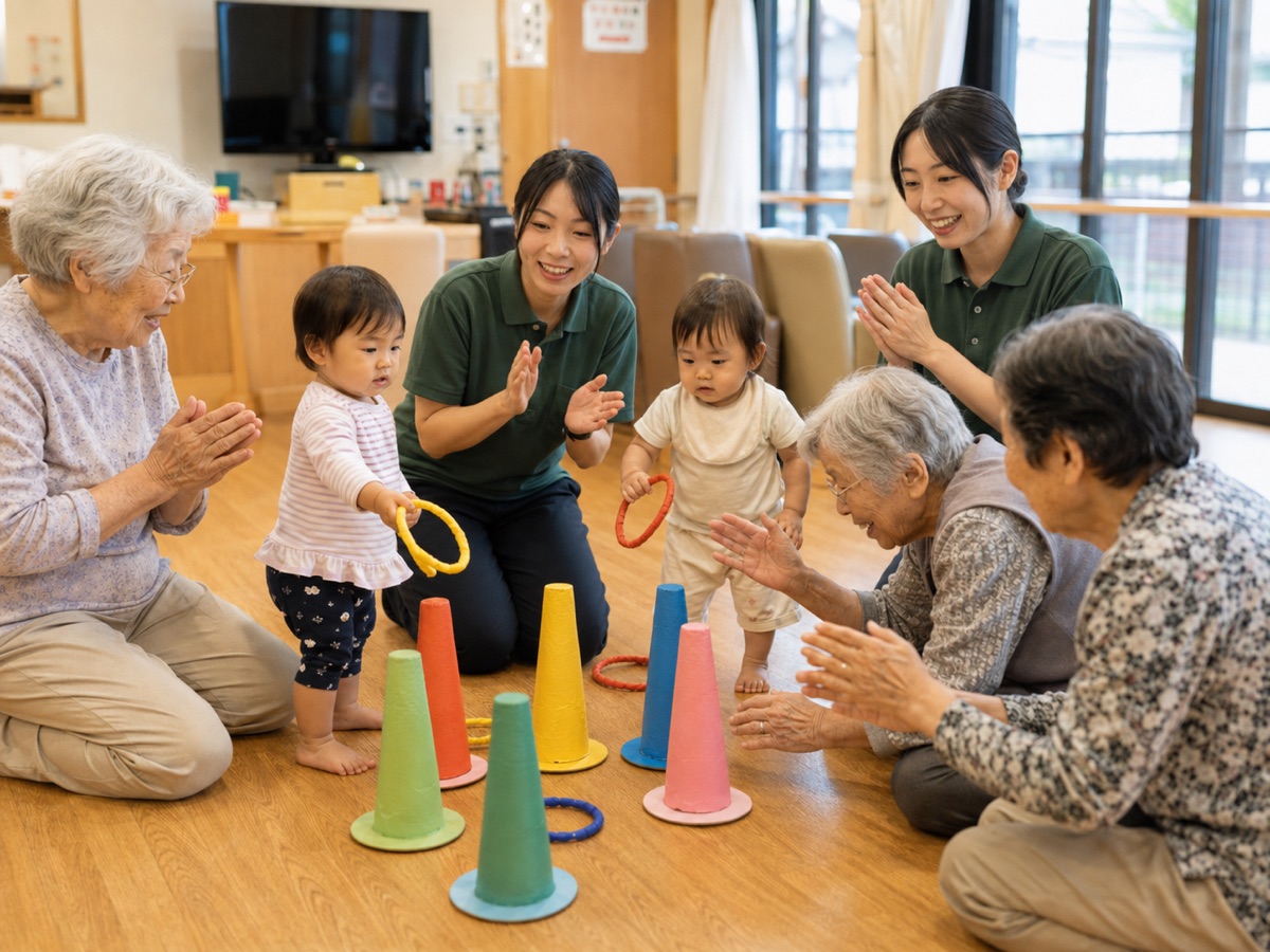 保育園の子どもたちと一緒に輪投げを楽しむ利用者とスタッフ